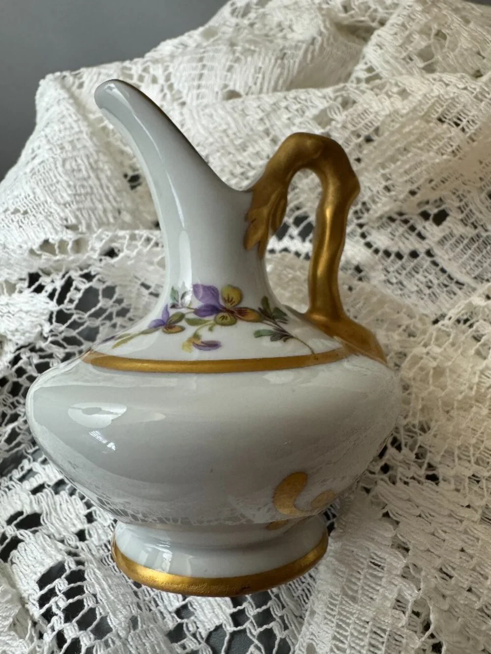 Vintage Limoges France Hand Painted 4” Porcelain Floral Ewer Pitcher Gold Gilt